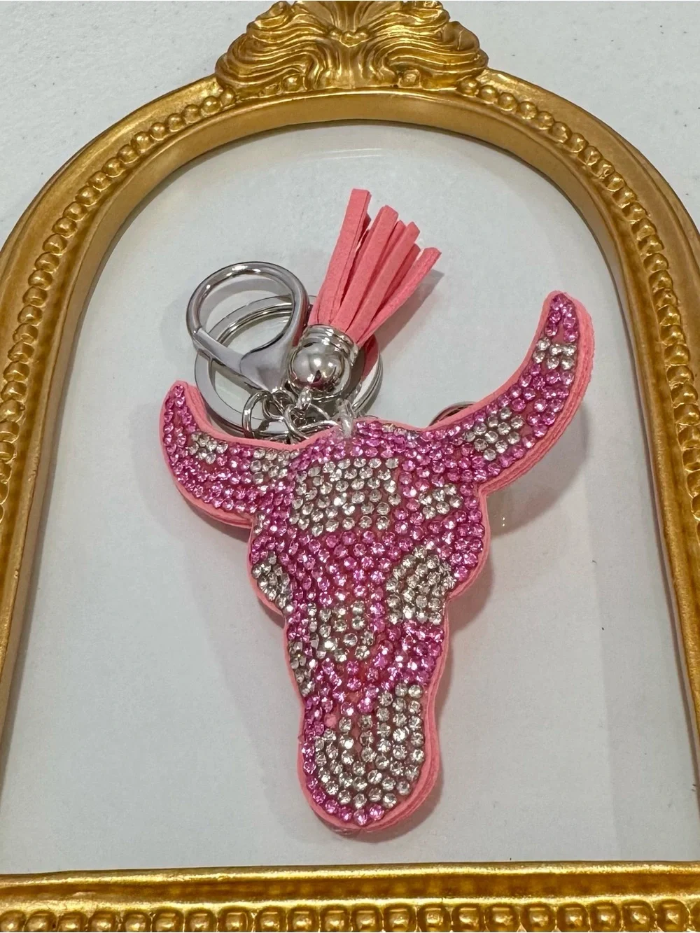 New Pink Rhinestone Bull Head Keychain with Tassel Charm